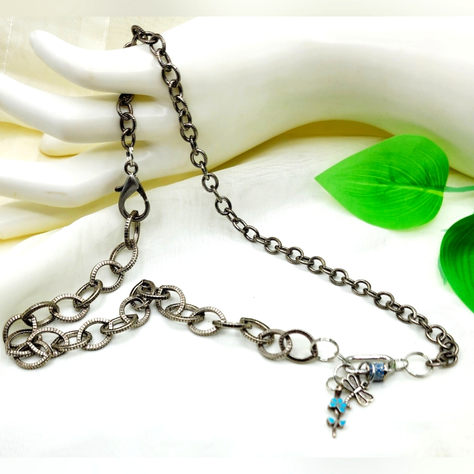 Antique Silver Chain Necklace,23in,Dangle Charms